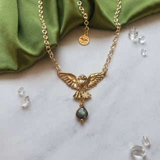 Golden Owl of Intuition Labradorite Pendant Necklace - Holt x Palm -  18k gold plated brass Owl charm with a faceted labradorite crystal charm. adjustable 20" 14k gold plated brass cable chain. made in San Francisco