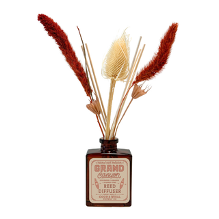 Grand Canyon National Park Botanical Floral Reed Diffuser - Holt x Palm -  Notes of charred pine, cedarwood & labdanum. Channel the breathtaking majesty of the Grand Canyon with warm notes of charred pine, earthy cedarwood and rich labdanum. A deep, grounding aroma that evokes the ancient desert landscape and endless cliffs under starlit skies€”a scent journey without the flame. Rattan reeds with preserved white star fern, pink larkspur & pink button flowers. 4 fl oz. Lasts up to 6 months.