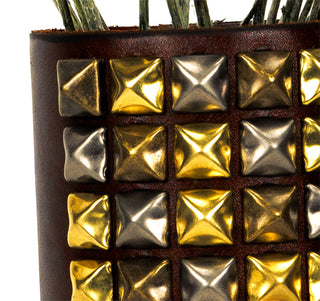 "The Rockstar" Luxury Leather Wrapped Vase - Holt x Palm -  Beautifully wrapped in fine leather and adorned with 60 multi-colored solid brass studs. Named the "Rockstar" its got attitude, swagger and sexy as hell! Each piece is meticulously hand studded to order. We use 4 solid brass "button" posts to fasten the leather to the glass vessel, the leather wrap is removeable for cleaning. 8" tall x 4" wide