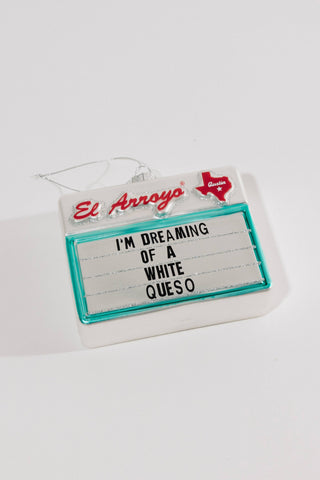 White Queso Ornament - Holt x Palm -  This one of a kind ornament is sure to be a festive hit! Made from mercury glass, this marvelous marquee adds a touch of humor to your tree that can be treasured for years to come. - SIZE: 4.5"W x 1 9/16"D x 3.5"H - Collectible mercury glass ornament - Packaged in a gift-ready box