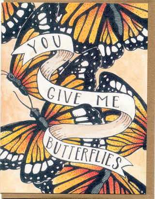 You Give Me Butterflies Card - Holt x Palm -  • Greeting Card Illustrated by Cayla Mattea Zeek • Created in Lafayette, Louisiana USA • A2 Card Measures 4.25" x 5.5" Folded • Blank Inside • Printed on Post Consumer Waste Recycled Heavy Card-Stock Paper • Recycled Kraft Brown Envelope • Eco Clear Plant-Based PLA (Polylactic Acid) Sleeve, Commercially Compostable