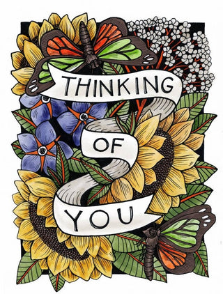 Thinking Of You Card - Holt x Palm -  • Greeting Card Illustrated by Cayla Mattea Zeek • Created in Lafayette, Louisiana USA • A2 Card Measures 4.25" x 5.5" Folded • Blank Inside • Printed on Post Consumer Waste Recycled Heavy Card-Stock Paper • Recycled Kraft Brown Envelope • Eco Clear Plant-Based PLA (Polylactic Acid) Sleeve, Commercially Compostable