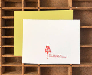 Mushrooms Friendship Card - Holt x Palm -  Friends are a rare find! A perfect card for a best friend, lover, team member, and for basic happy thoughts & friendship. Illustrated by Élise Lassonde, the mushrooms are drawn as a study of specimens. • blank inside and measures 4.25”x5.5” folded • folded card is letterpress printed in warm red ink on 100% cotton paper• accompanied by an A2 chartreuse envelope and packaged in a clear sleeve