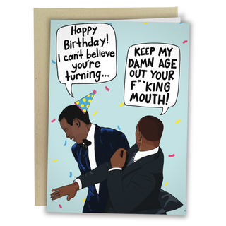 Will Smith Slap - Birthday Card - Holt x Palm -  Made from sturdy card stock and coated with a matte finish, this card offers a beautiful texture and high-quality feel. - Blank inside. - A7 size (5" x 7") - Printed in Colorado, USA onto a paper matte stock. - Comes with a matching kraft envelope made from 30% Post-Consumer Waste recycled paper