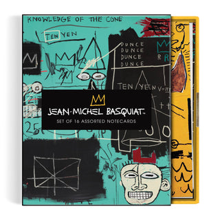 Basquiat Greeting Card Assortment - Holt x Palm -  The Basquiat Greeting Card Assortment features 8 iconic Basquiat works. The images include a mix of jazz and pop culture references, in addition to his baroque use of text and key iconography. €¢ Box: 5.75 x 4.5€�, 146 x 114 mm €¢ Notecards: 5 x 3.75€�, 120 x 95 mm €¢ 16 notecards, 2 designs each €¢ 17 colored envelopes €¢ Sturdy giftable box; makes a great gift for art lovers.