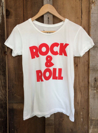 Rock & Roll Women's Tee - Holt x Palm -  Immerse in the spirit of rebellion and freedom with the Rock & Roll Women's Tee in vibrant white/red from Bandit Brand. This screen-printed tee, featuring a bold graphic pattern, is not just an item of clothing - it's a statement. When you choose this tee, you're not just embracing an iconic style, but also contributing to the restoration of historic properties. It's more than fashion; it's a cause.