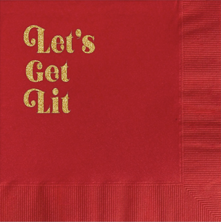 Let's Get Lit Napkin - Holt x Palm -  Light up the party with these chic Lets Get Lit cocktail napkins! Designed with intricate gold foil retro font text on a vibrant red background, these 3-ply napkins add an elegant touch to any occasion. Whether you’re celebrating with drinks, having a casual get-together, or gifting a host/hostess gift, enjoy responsibly and let the laughter last all night! Pre-Packaged in cello box for tidy storage or gift giving 3-ply tissue napkin with embossed edge 5x5 in (12.7cm)