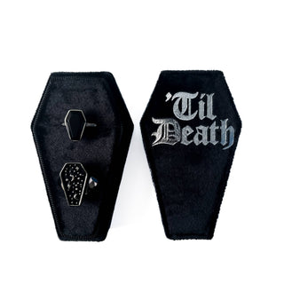 Til Death Coffin Ring Box - Holt x Palm -  Til Death Do us part - the perfect ring box for all you gothic couples out there! Add a touch of lust and love to your gothic wedding with this Velvet Ring Box. This black velvet coffin jewelry storage is perfect for storing your rings. Measuring 9cm x 5.5cm x 5cm , it can safely hold 2 rings. The Jewelry boxes are made from Black Velvet., which means your jewelry will be displayed in a High Quality Ring Box .