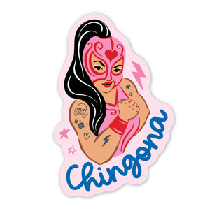 Pink Chingona Luchadora | Latina Vinyl Sticker - Holt x Palm -  Lucy Loves Paper's cute and fun sticker for the Latina that wants to channel her inner Chingona! Illustrated feminist, lucha libre sticker. • Size: approximately 3" on the longer side • Matte finish • Scratch resistant, weatherproof, and waterproof and dishwasher resistant, thick vinyl. Vinyl Sticker uses: Latina owned, Latina pride, Latina Sticker, Sticker In Spanish, Spanish Sticker, Chingona Sticker