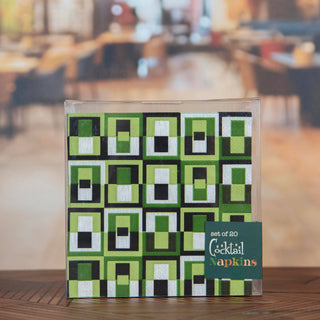 Green Geometric Cocktail Beverage Napkin - Holt x Palm -  These Green Square in Rectangle designed Cocktail Beverage Napkins are an ideal way to finish your bar decor. These recyclable 3-ply napkins feature a stylish mid century modern pattern. The deep jewel color way makes them perfect for dinner parties, cocktail hours, host and hostess gifts and holiday gatherings. ♥️ this design Set of 20 Recyclable 3 Ply Protective cello box for gift giving or tidy storage