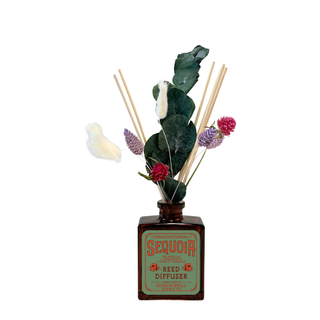 Sequoia National Park Botanical Floral Reed Diffuser - Holt x Palm -  Notes of fir needle, cedarwood and smoky tobacco. Warm fir needle, grounding cedarwood and smoky hints of tobacco reflect the towering grandeur of Sequoia€™s ancient forest. A rich fragrance that reminisces on forest pathways and massive trunks reaching skyward. Rattan reeds with preserved white star fern, pink larkspur & pink button flowers. 4 fl oz. Lasts up to 6 months.