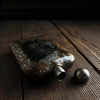 CHIEFTAIN WHISKEY FLASK - Holt x Palm -  The CHIEFTAIN WHISKEY FLASK is truly the chief of all flasks. With its cool design, it's the perfect accessory for a boss (or give it to your boss!) A must-have for any whiskey lover. 6 oz stainless steel with etched embellishments atop our classic patina