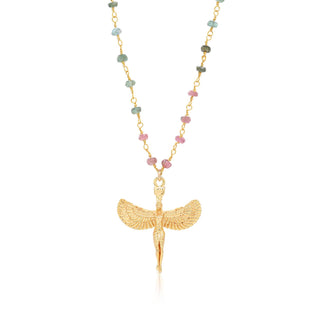 Winged Egyptian Goddess Isis on Watermelon Tourmaline - Holt x Palm -  Mother Isis! show your love with mother Goddess Isis everyday. 20" juicy 24k gold plated Watermelon Tourmaline chain with necklace is adjustable 17"-20" Pendant is 1.5" long Each stone is unique and may vary slightly in color/shape from stone to stone. * One of a kind handle with care * Made with a prayer of love by Elizabeth Cline in California