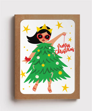 Christmas Tree Girl - box set w/8 holiday cards - Holt x Palm -  Boxed set of 8 cards and red envelopes. Packaged on eco friendly kraft box with window. • Cards are 4 1/4" x 5 1/2", Folded • Blank Inside • White Matte Card Stock • Red Envelopes * Back of cards shows matching design detail + suggestion to repurpose/store cards ** Also available as single cards Holiday card boxed set, Fun Christmas card, Latina owned.