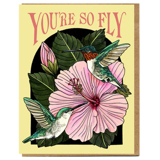 You're So Fly Card - Holt x Palm -  • Greeting Card Illustrated by Cayla Mattea Zeek • Created in Lafayette, Louisiana USA • A2 Card Measures 4.25" x 5.5" Folded • Blank Inside • Printed on Post Consumer Waste Recycled Heavy Card-Stock Paper • Recycled Kraft Brown Envelope • Eco Clear Plant-Based PLA (Polylactic Acid) Sleeve, Commercially Compostable