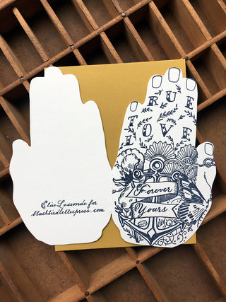 True Love Hand Shaped Card - Holt x Palm -  True love, forever yours... Perfect for love, wedding, or great friendship. • blank inside and measures 4.25”x5.5” folded • shaped folded card is letterpress printed in navy ink on 110# cotton paper • die cut • accompanied by an A2 mustard envelope and packaged in a clear sleeve illustrated by Élise Lassonde.