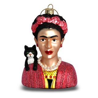 Frida and her Tuxedo Cat Glass Ornament - Holt x Palm -  Carefully hand-painted with attention to the smallest detail. Designed to be truly collectible. Each ornament is crafted with care. Beaded and glittered. Handmade item. Part of the "women we admire" collection. Size: 5"x3.5"x1.5"