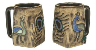 Hand Painted Rustic Peacock Stoneware Square Mug - Holt x Palm -  This Mara mug design is a great way to start your day and hails from our popular hand-etched, glazed and finished mug collection! 4 inches tall and holds up to 12 oz. Microwave and dishwasher safe, with lead-free paint. Made in Mexico.