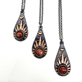 Gunmetal Sunstone Sunburst Pendant Necklace