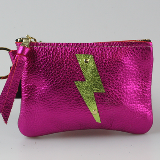 The Cutest Up-Cycled Leather Lightening Bolt Pouch You Ever Did See.... - Holt x Palm -  We love these little pouches!! They just keep your purse organized in style. Use them for Airpods, cash, ID, pills, whathaveyou! It's your little good time pouch...attach it to your purse or just your belt buckly and go out and have you a good 'ol time! Buy a few for friends...they will adore them! DETAILS: Measures 5"x3.5". Unlined. Brass zipper and key ring Appliques are hand cut and attached with mini rivets.