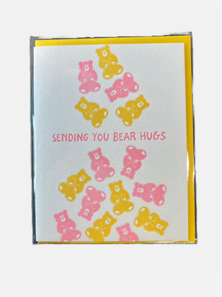 Gummy Bear Hugs - Encouragement Card - Holt x Palm -  Who doesn't love gummy bears and words of encouragement? Hand drawn type, Printed on beautiful 100% cotton paper, fluffy and yummy to write on. The cotton used is left over from the garment industry so it's recycled and earth friendly! Inside greeting: blank. A2 size, paired with a neon pink envelope. Packaged in a clear sleeve.