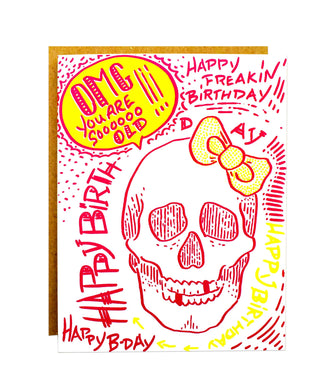 OMG!!!! You are soooooooo old!! Hand Illustrated Birthday Greeting Card - Holt x Palm -  Hilarious...Cute...Artsy...and Oh so True!! Nothing says welcome to gettin' older like Gogoreego's OMG You Are So Old birthday greeting card? Greeting card with recycled kraft envelope. All Gogoreego cards are hand-drawn, designed and printed for you in sunny Los Angeles, CA. Flat printed on 100lb FSC/Green e-certified/PCW white paper. Blank inside. Card size: A2 (4.25" x 5.50" Folded)