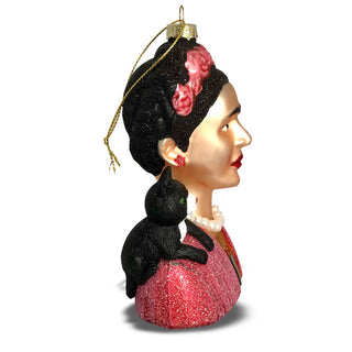 Frida and her Tuxedo Cat Glass Ornament - Holt x Palm -  Carefully hand-painted with attention to the smallest detail. Designed to be truly collectible. Each ornament is crafted with care. Beaded and glittered. Handmade item. Part of the "women we admire" collection. Size: 5"x3.5"x1.5"