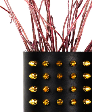 " The Emperor" Luxury Leather Wrapped Vase - Holt x Palm -  Add a touch of luxury to your home with "The Emperor" vase. The leather wrap is Hand-made and removable for easy cleaning. This vase features gold plated spikes for a unique and stylish touch. Elevate your decor with this quirky and playful piece. 8" tall x 4" wide