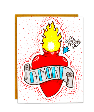 "Amore" Sacred Heart Illustrated Greeting Card - Holt x Palm -  A sacred heart greeting card that lets them know where they stand. Greeting card with recycled kraft envelope. All Gogoreego cards are hand-drawn, designed and printed for you in sunny Los Angeles, CA. Flat printed on 100lb FSC/Green e-certified/PCW white paper. Blank inside. Card size: A2 (4.25" x 5.50" Folded)