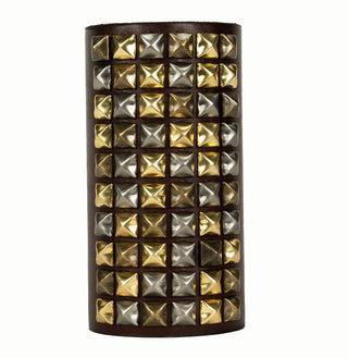 "The Rockstar" Luxury Leather Wrapped Vase - Holt x Palm -  Beautifully wrapped in fine leather and adorned with 60 multi-colored solid brass studs. Named the "Rockstar" its got attitude, swagger and sexy as hell! Each piece is meticulously hand studded to order. We use 4 solid brass "button" posts to fasten the leather to the glass vessel, the leather wrap is removeable for cleaning. 8" tall x 4" wide