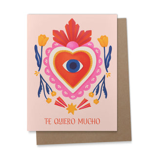 Te Quiero Mucho "I Love You Very Much" Sacred Heart Greeting Card - Holt x Palm -  Spanish Greeting Cards Celebrating Hispanic Heritage Month with beautiful Mexican Folk Art Inspired Illustrations! -- Size: A2 (4.25 x 5.5 in) Uncoated Paper Blank on the Inside Comes with a Kraft Brown Envelope and Plastic Sleeve Made in the U.S.A