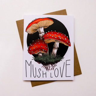 Mush Love Card - Holt x Palm -  • Greeting Card Illustrated by Cayla Mattea Zeek • Created in Lafayette, Louisiana USA • A2 Card Measures 4.25" x 5.5" Folded • Blank Inside • Printed on Post Consumer Waste Recycled Heavy Card-Stock Paper • Recycled Kraft Brown Envelope • Eco Clear Plant-Based PLA (Polylactic Acid) Sleeve, Commercially Compostable