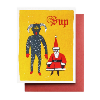 Sup Krampus & Santa - Holt x Palm -  Get ready to spread holiday cheer (or chaos) with Krampus & Santa! This dynamic duo card set features the jolly old man himself and his infamous counterpart, perfect for those who don't take the holidays too seriously. Spread laughter and fun with these quirky and playful cards. Folding note card with red envelope Letterpress printed on 110lb Recycled white paper Blank inside Card size: 4.25" x 5.50" (folded)