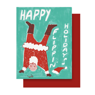 Flippin' Santa - Holt x Palm -  Get into the holiday spirit with Flippin' Santa! This playful card features a flipping Santa (get it?) for a unique and fun way to spread some cheer. Perfect for anyone looking to add some whimsy to their holiday greetings. (Ho ho) Happy Holidays! Folding note card with red envelope Letterpress printed on 110lb recycled white paper Blank inside Card size: 4.25" x 5.50" (folded)