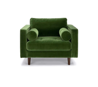 The Samantha - Green Velvet Mid Century Modern Club Chair - Holt x Palm -  This chair is pure 'cool'! It's as stylish as it is chic, and it has all the classic mid century vibes - without the mid century prices! This velvety green 'Samantha' is ready to add a splash of flair to any room in your home. Get your groove on in the swankiest chair in town. Dimensions: 42”W × 38”D × 37”H x 21" Seat Height