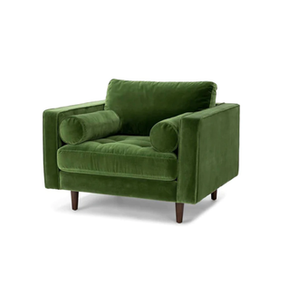 The Samantha - Green Velvet Mid Century Modern Club Chair - Holt x Palm -  This chair is pure 'cool'! It's as stylish as it is chic, and it has all the classic mid century vibes - without the mid century prices! This velvety green 'Samantha' is ready to add a splash of flair to any room in your home. Get your groove on in the swankiest chair in town. Dimensions: 42”W × 38”D × 37”H x 21" Seat Height