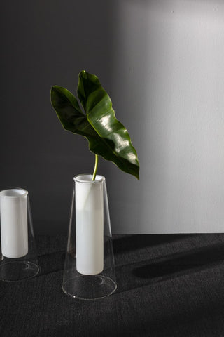 Curie Vase - Holt x Palm -  The Curie Vase is chemistry meets classy, brains meets beauty. Handmade from clear borosilicate glass & solid white milk glass, this piece can be a science project for propagating plants or a budvase for displaying single stemmed beauties. Small: 4" x 7.25" Large: 4.5" x 9.25"