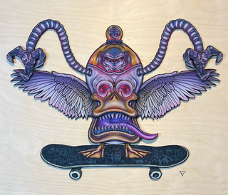 Skater Duck - Original Artwork by Frank Venadas - Holt x Palm -  Get ready to quack up with this one-of-a-kind Skater Duck artwork by Frank Venadas. Measuring 24x20 and created using mixed media, this piece is both fun and delightfully eerie with its psychedelic vibes. Plus, supporting local artists has never looked so cool. Get yours now!