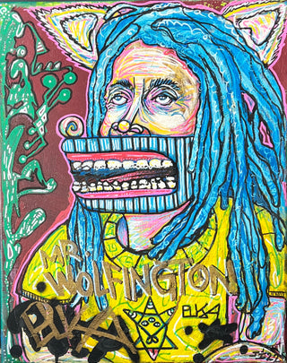 Mr. Wolfington by Jorge Izarraras - Holt x Palm -  Add some fun and quirkiness to your art collection with Mr. Wolfington by local artist Jorge Izarraras. This rasta-wolf hybrid is sure to add a trippy and rad touch to any space. Local pickup only. Howl-larious! 16" x 20" Acrylic & Gold Marker on Canvas