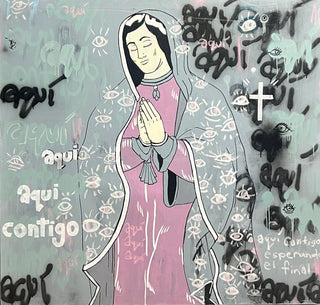 Aqui Contigo by Eric Gazca - Holt x Palm -  "Bring a touch of quirky coolness to your home with Aqui Contigo by Eric Gazca. Featuring vibrant Latin artwork of the Virgin Mary, each piece is unique and one of a kind. Local pickup only adds to the charm. Come grab yours now!" 48" x 51" Acrylic and Spray Paint on Canvas