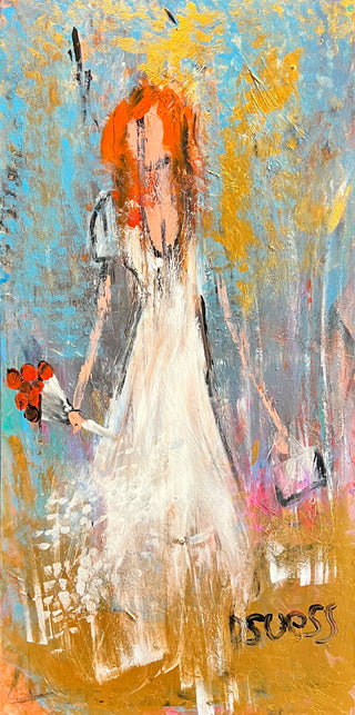 Girl with Flowers - Original Artwork by Darryl Seuss - Holt x Palm -  Add a touch of whimsy to your walls with this original artwork by Darryl Seuss. Measuring 48" x 24", this acrylic painting was created using only fingers for a unique and playful touch. With its bright colors and quirky style, this awesome art piece is sure to bring joy to any space.