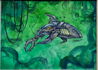 Mechanical Shark - Original Artwork by Dana Burlingame - Holt x Palm -  Introducing the Mechanical Shark - a one-of-a-kind piece by local artist Dana Burlingame. This 14" x 17" artwork is a unique combination of watercolor and acrylic, resulting in a stunning and "soo cool" piece that will add a playful and quirky touch to any space.