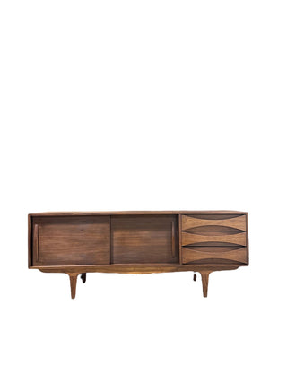 Bow-Tie Drawer Credenza - Holt x Palm -  This handmade credenza boasts charming and unique details, perfect for adding a touch of mid-century flair to any space. Made locally in Ontario, California, this piece is sure to be a conversation starter. (Bow) perfect (tie) for any room! 72" Long x 18" Wide x 28" High