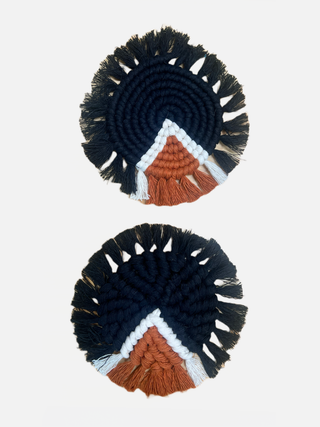 Circular Macrame Coasters - 3 Colors Available! - Holt x Palm -  These handwoven circular macrame coasters are perfect for adding a touch of whimsy to any tabletop! With a charming fringe accent, they'll bring a little boho style to your décor in three fabulous colors – you'll never have to compromise on your cozy vibes! Colors Available: Black/White/Paprika Paprika Black