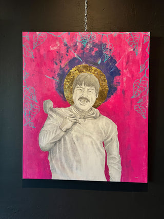 Padre by Eric Gazca - Holt x Palm -  "Unleash your inner artist with Padre by Eric Gazca. This unique piece is a striking interpretation of the classic "Father" figure. The use of bright colors and gold foil add vibrancy and depth to the hardworking subject. Available for local pickup only." 39" x 46" Mixed Media on Canvas