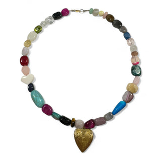 Halona Necklace - Holt x Palm -  Add a pop of color to any outfit with the Halona Necklace, featuring a heart-shaped pendant in shimmering gold and an array of vibrant gemstones. Show off your playful side with this quirky and stylish accessory. Total necklace length 16”, pendant measures 1” in length All gold filled findings