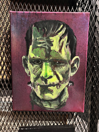 Frankenstein by Erick Estrada - Holt x Palm -  "Get ready to have a spooktacular time all year round with Frankenstein by Erick Estrada! This fun and awesome piece of art is always Halloween, perfect for those who love a good fright. With its quirky and playful tone, this artwork is sure to be a monstrously entertaining piece!" 9"x12" Automotive Paint and Acrylic on Canvas