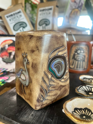 Hand Painted Rustic Peacock Stoneware Square Mug - Holt x Palm -  This Mara mug design is a great way to start your day and hails from our popular hand-etched, glazed and finished mug collection! 4 inches tall and holds up to 12 oz. Microwave and dishwasher safe, with lead-free paint. Made in Mexico.