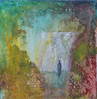 Beneath the Falls - Original Artwork by Johnny Rogers - Holt x Palm -  Acrylic on canvas 10x10 This 10x10 in gallery - wrapped canvas captures a solitary figure at the edge of a tranquil, mystical waterfall. Layers of green, teal and earthy tones evoke nature's quiet beauty, while soft light and abstract forms suggest life's hidden depths. Itis a serene invitation to place yourself beneath the falls and breathe in the stone-scented mist.