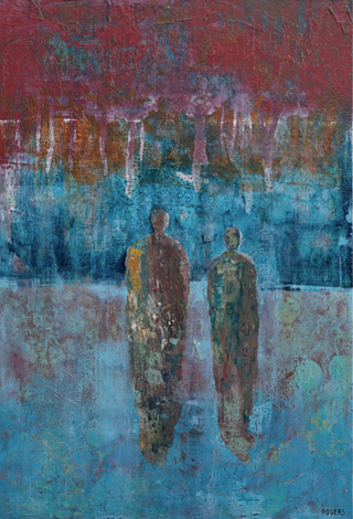 Homecoming - Original Artwork by Johnny Rogers - Holt x Palm -  Acrylic on canvas 23.5x16 Homecoming is a poignant exploration of return and reconciliation. Through textured layers and ethereal figures, the painting evokes the emotional journey of finding one's way back - whether to a place, a relationship, or oneself. With its interplay of shadow and light, the piece reflects both the struggle and grace of rediscovering belonging.